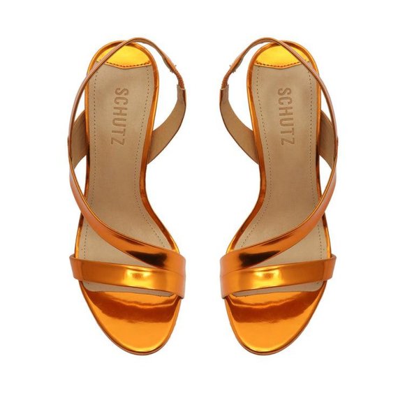 NEW - SCHUTZ Block Heel - Metallic Kelly Leather Sandal - Picture 5 of 6